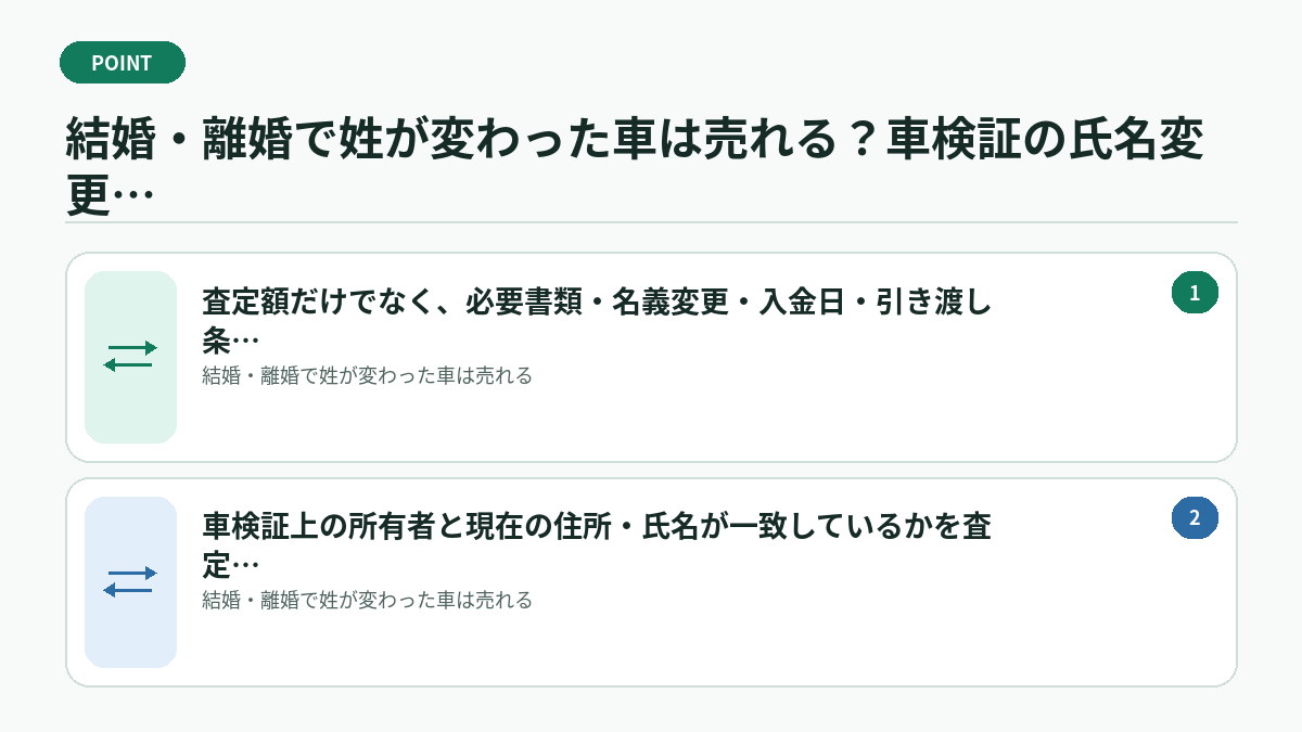 結婚・離婚で姓が変わった車は売れる?車検証の氏名変更と必要書類で迷ったときの判断基準