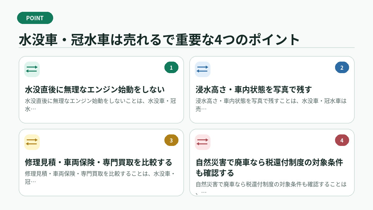 水没車・冠水車は売れるで重要な4つのポイント