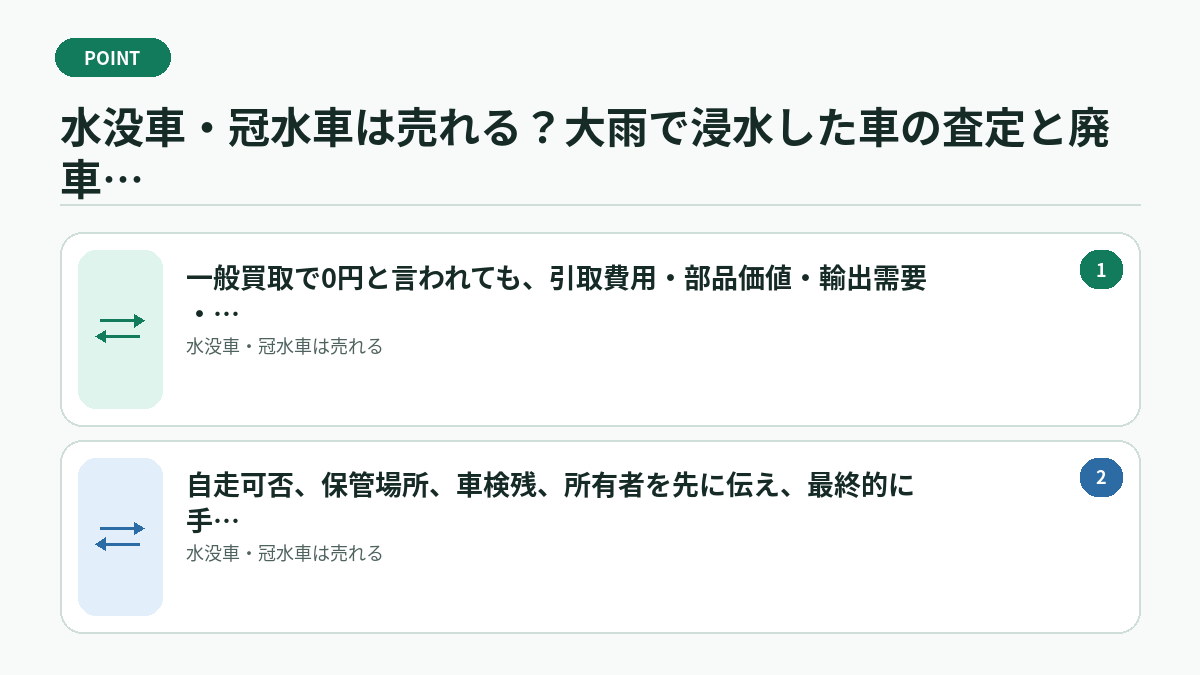 水没車・冠水車は売れる？大雨で浸水した車の査定と廃車判断で迷ったときの判断基準