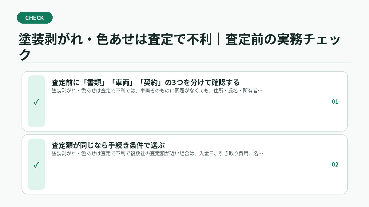 塗装剥がれ・色あせは査定で不利｜査定前の実務チェック